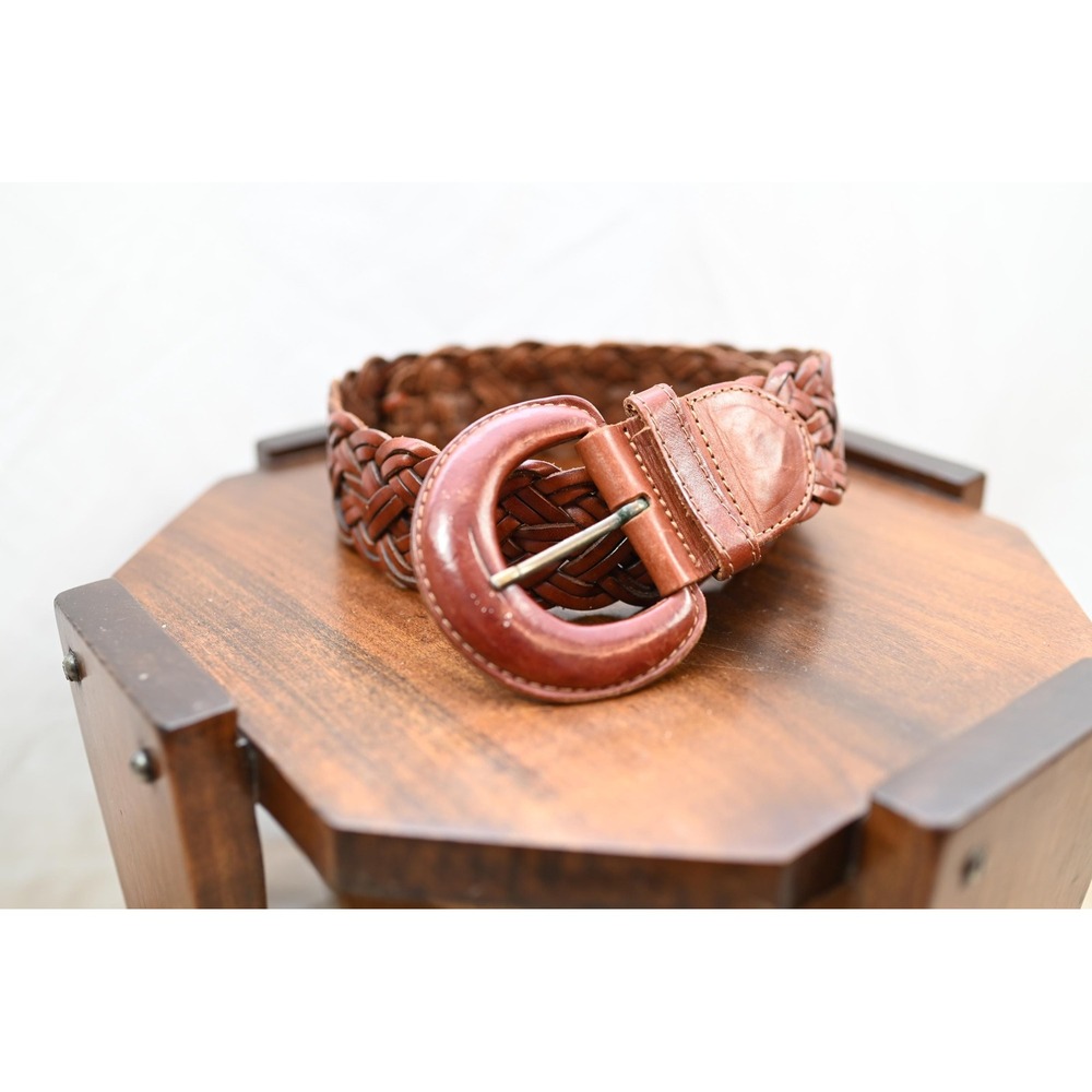 Vintage Brown Leather Basket Weave Braided Belt Small Made in Turkey 90s Boho